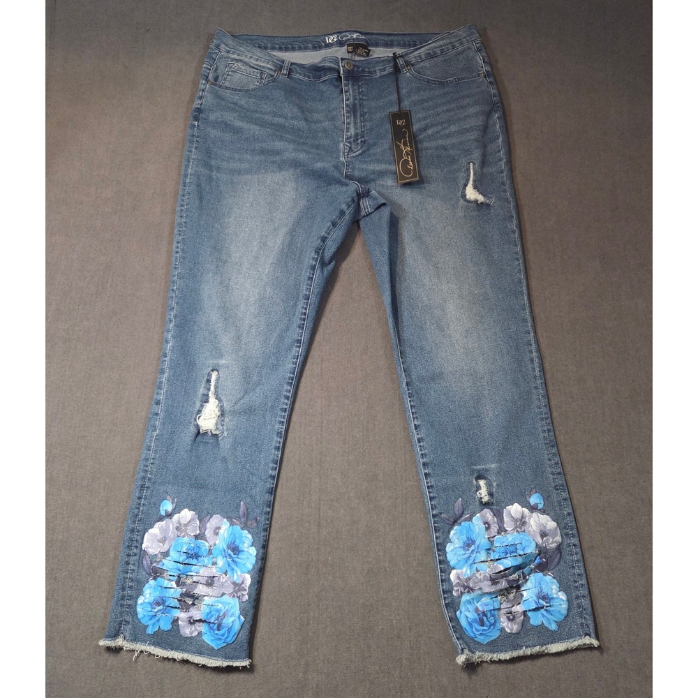 DG2 Diane Gilman Jeans Womens 18WT Blue Floral Distressed Raw Hem Straight Leg